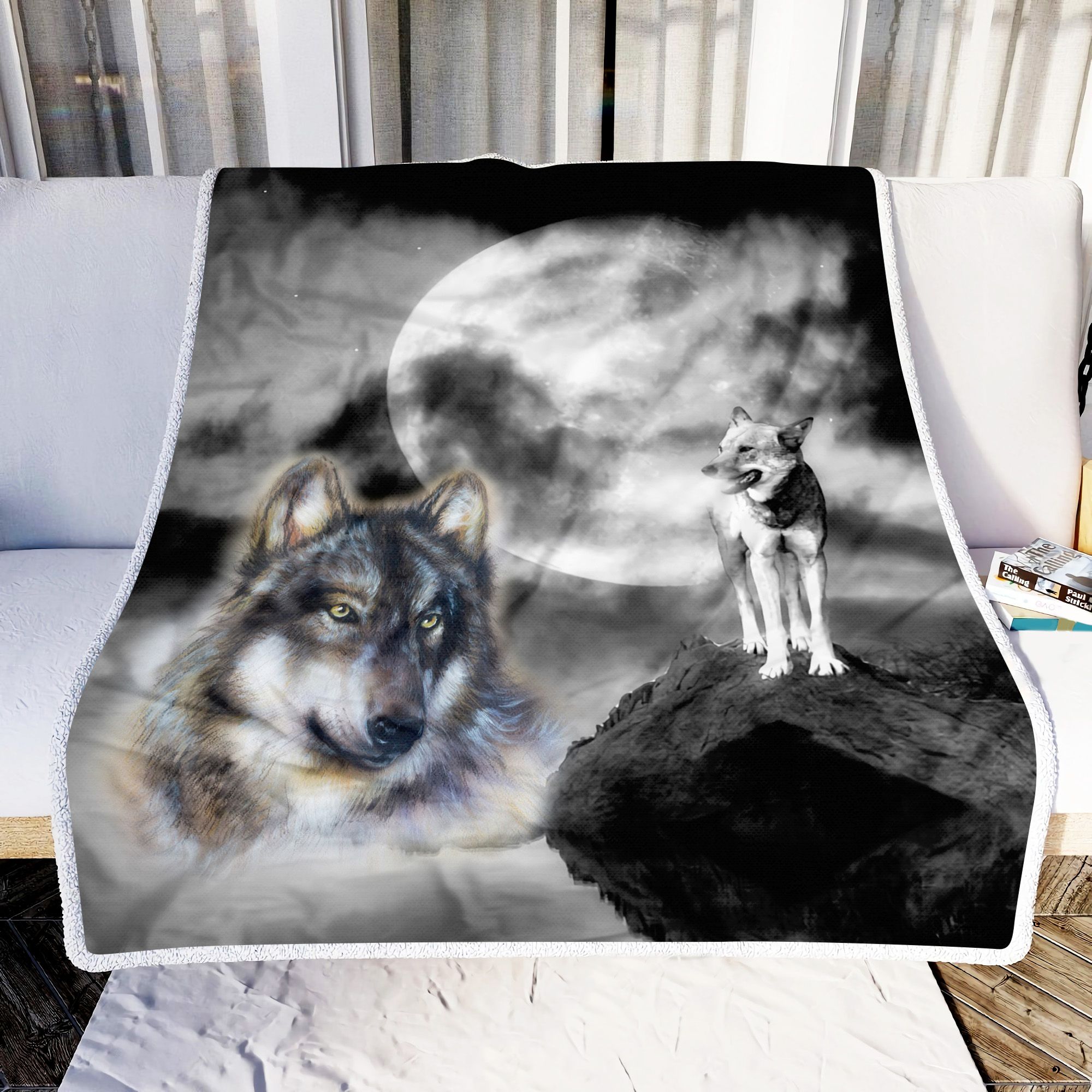 The Wolf Look Into The Distance On The Peak In The Moonlight Fleece Blanket