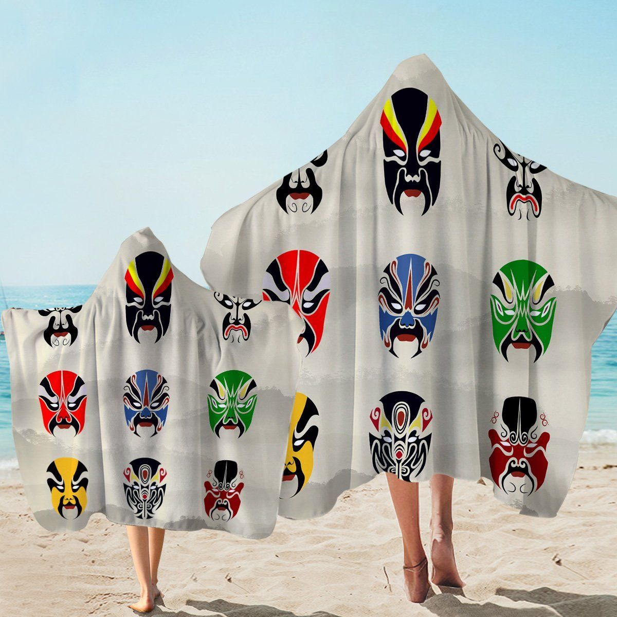 Theatre Masks Gray Pattern Printed Hooded Towel