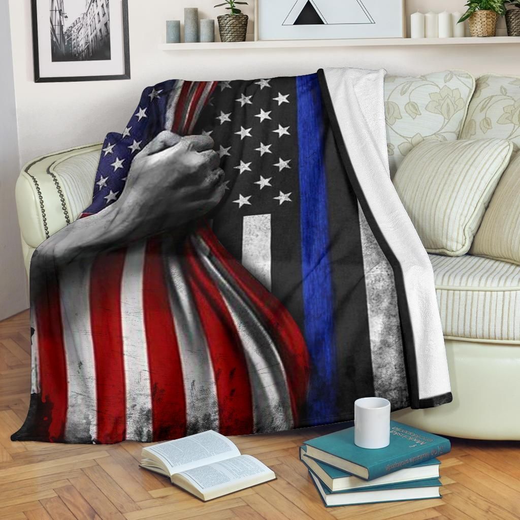 Thin Blue Line Flag Inside American Flag Fleece Blanket