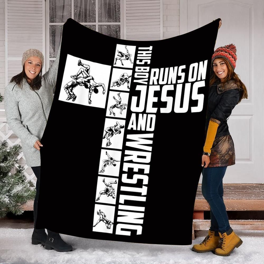 This Boy Runs On Jesus And Wrestling Sherpa Fleece Blanket