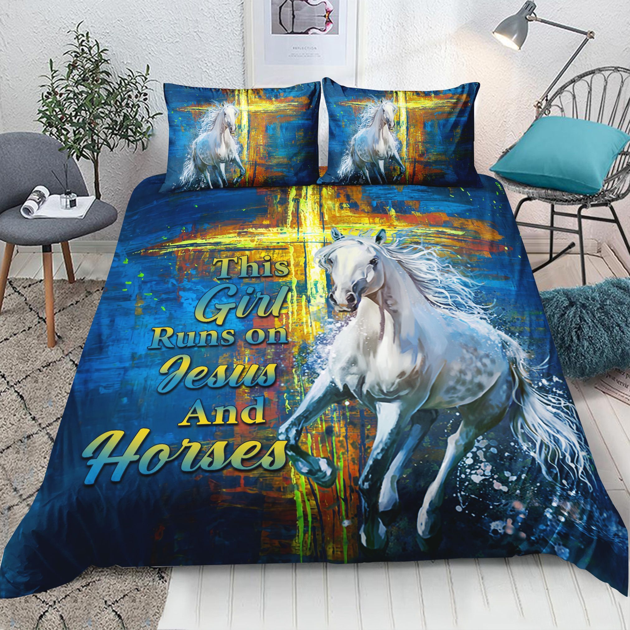 This Girl Runs On Jesus And Horses Bedding Set