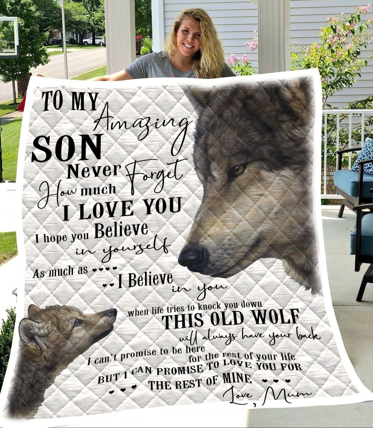 This Old Wolf Will Always Have Your Back Gift For Son Quilt Blanket
