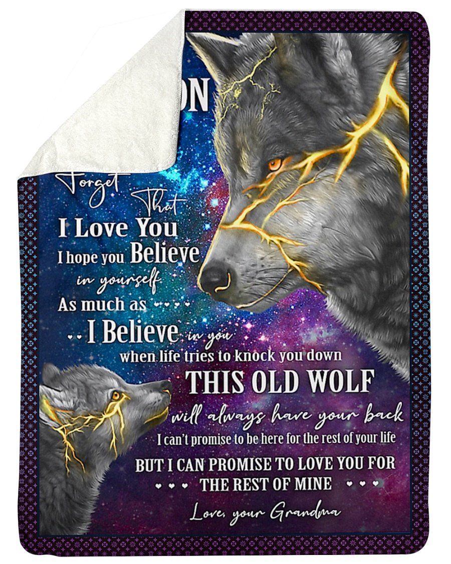 This Old Wolf Will Always Have Your Back To Grandson Fleece Blanket Sherpa Blanket
