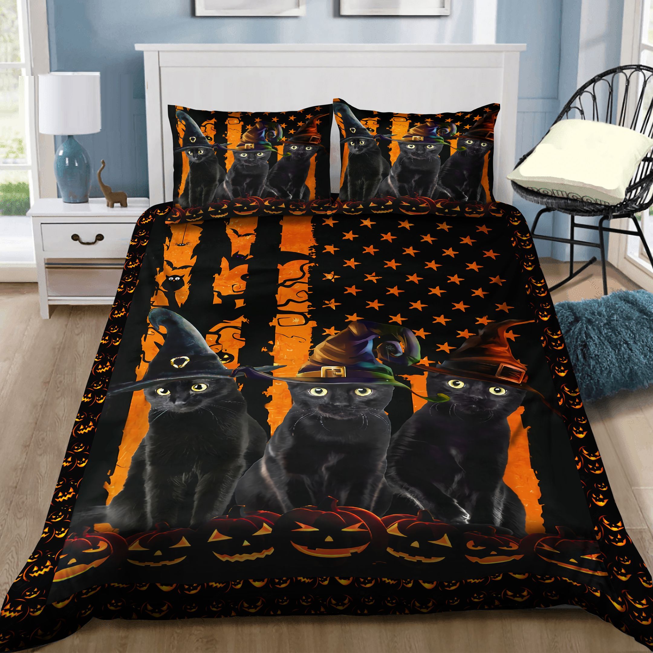 Three Black Cats Halloween Flag Bedding Set