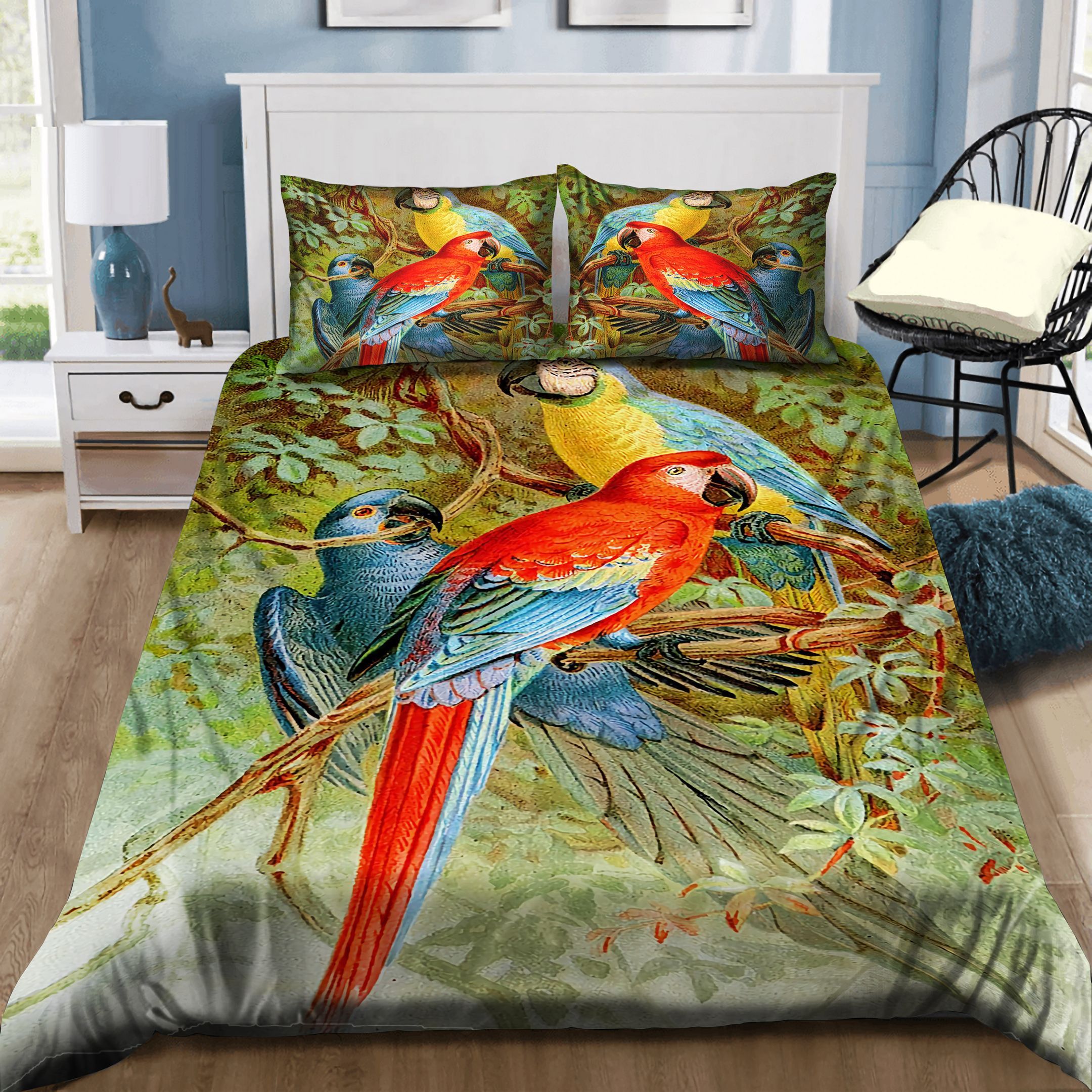 Three Colorful Parrots On Tree Bedding Set