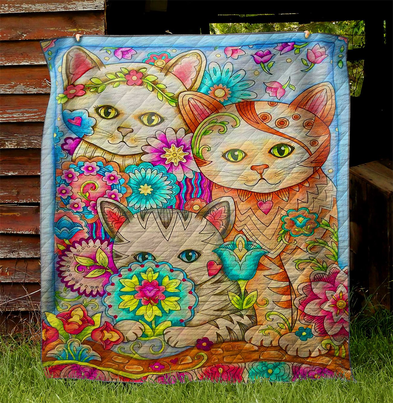 Three Cute Cat And Flowers NI1802076YD Quilt Blanket