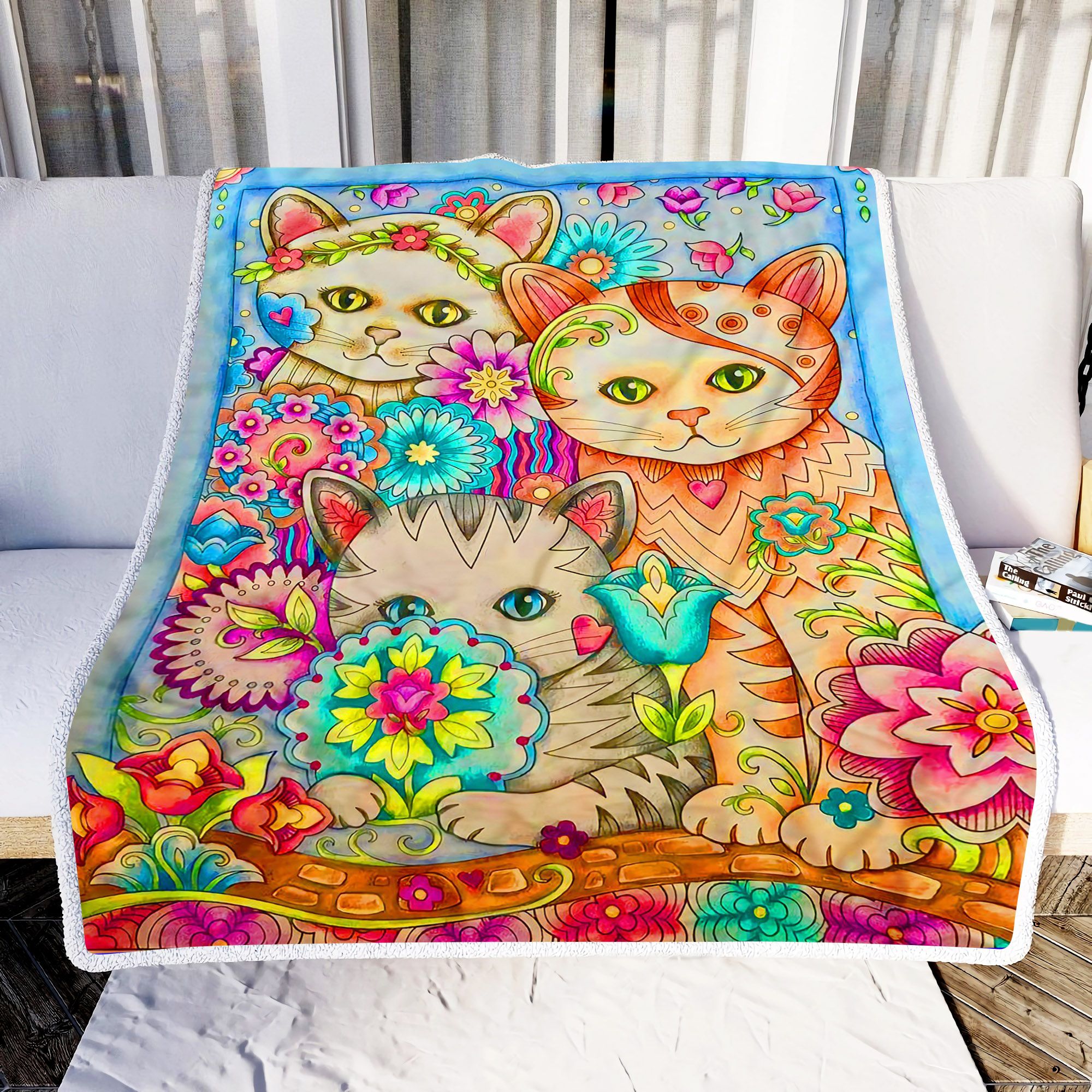 Three Cute Cat And Flowers Fleece Blanket