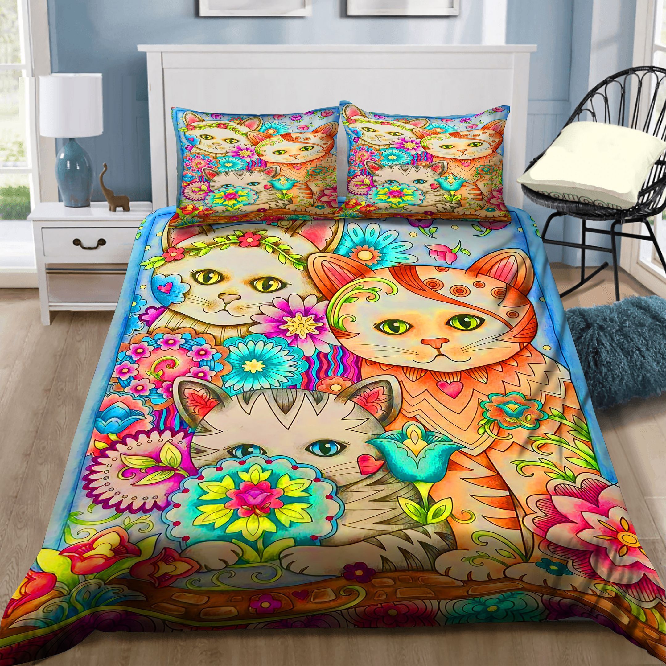 Three Cute Cat And Flowers Bedding Set