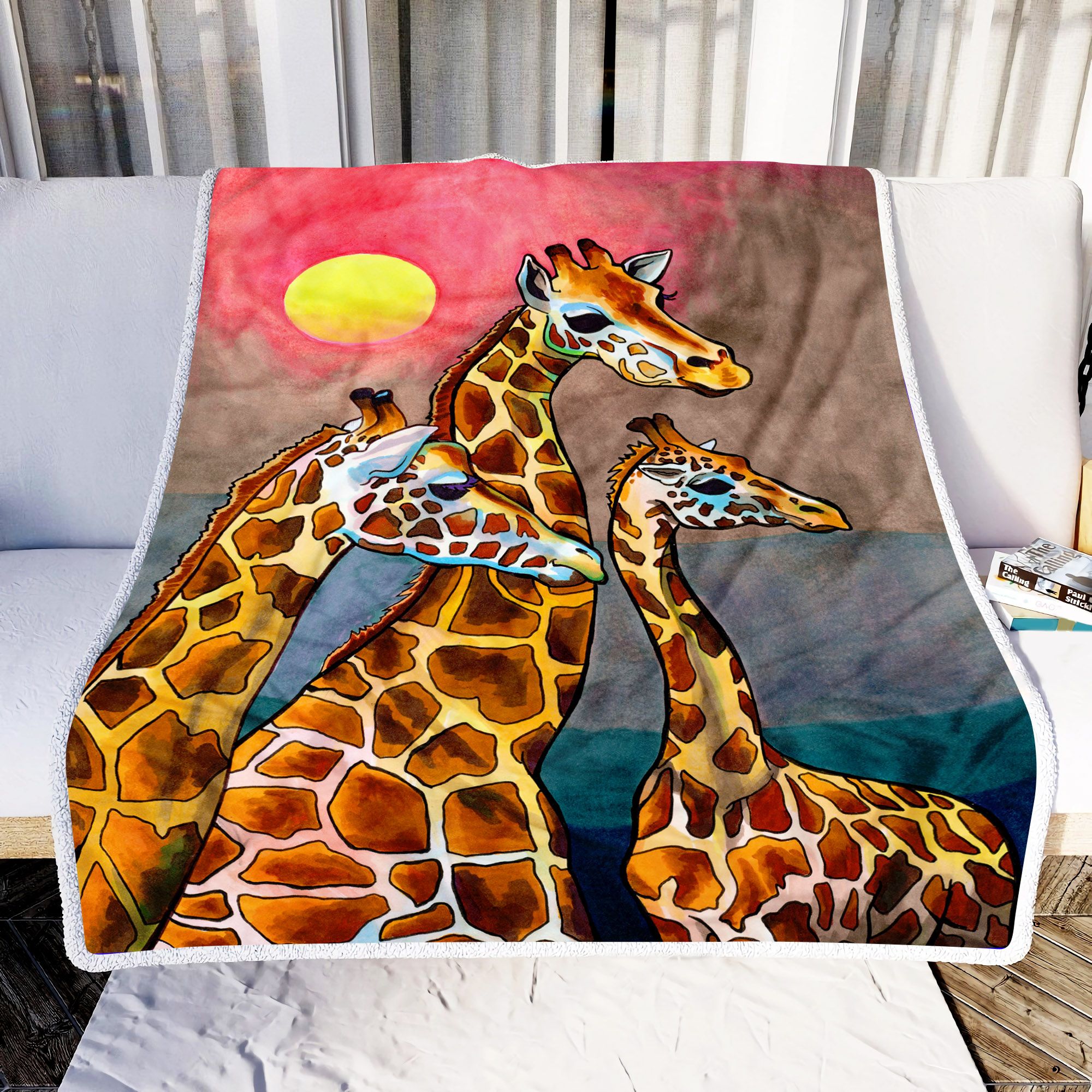 Three Cute Giraffes Painting Fleece Blanket