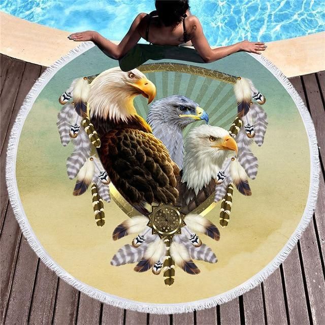 Three Eagles Dreamcatcher Round Beach Towel