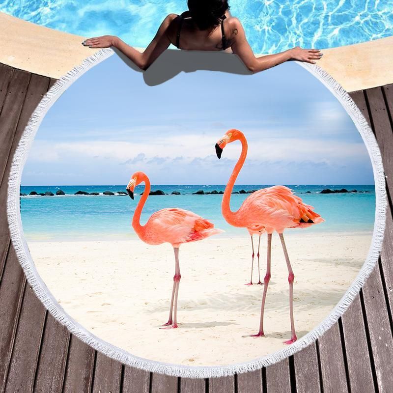 Three Famingo On The Beach Printed Round Beach Towel