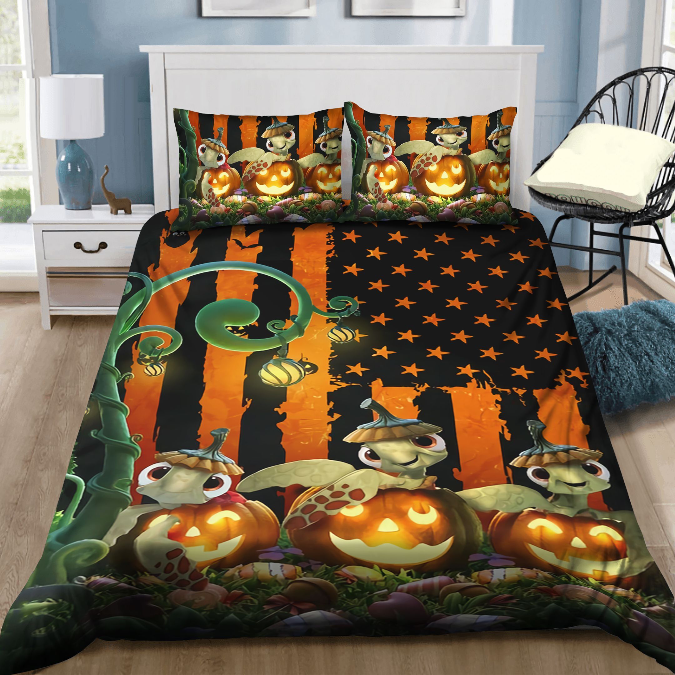 Three Funny Turtles Halloween American Flag Bedding Set