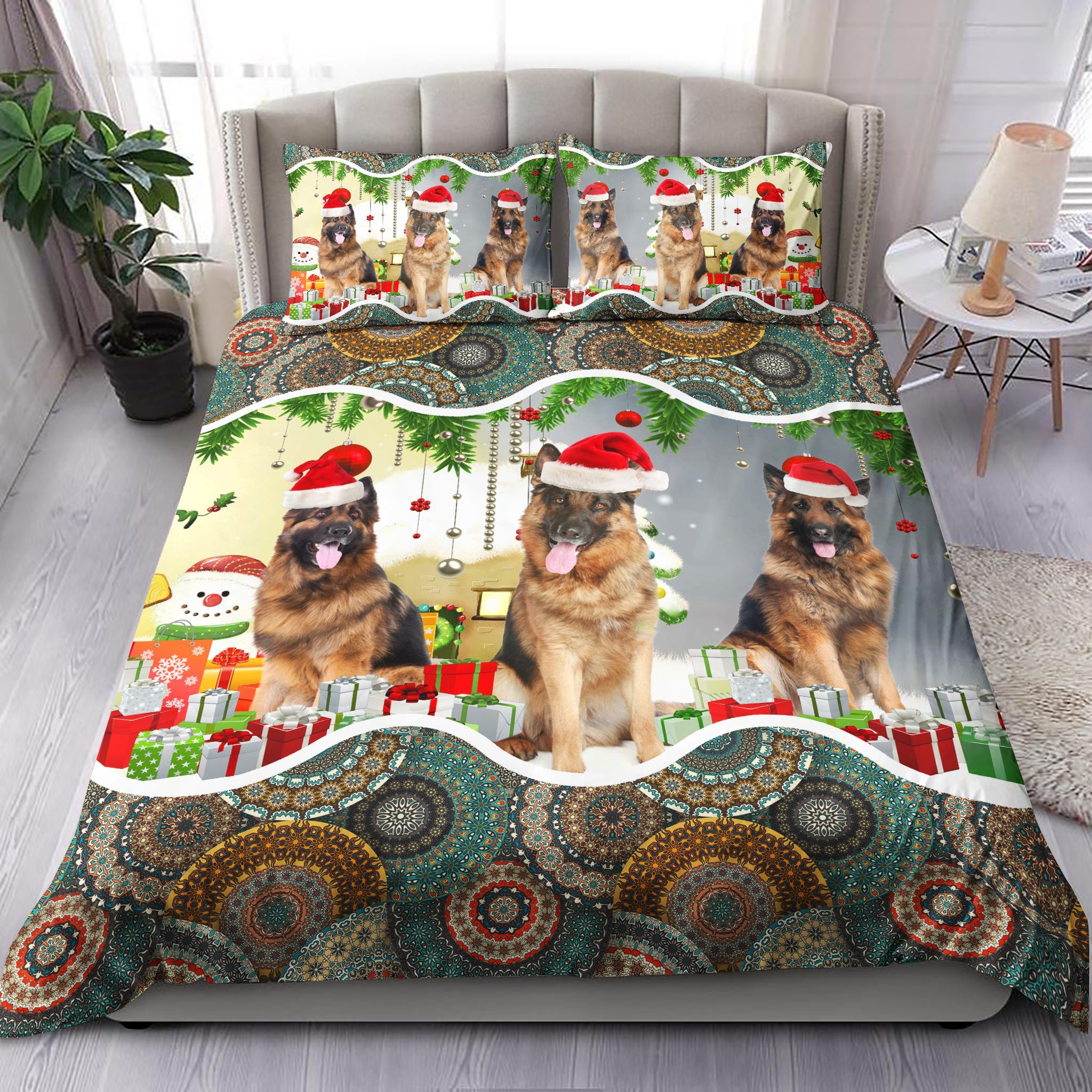 Three German Shepherds Happy Christmas Bedding Set