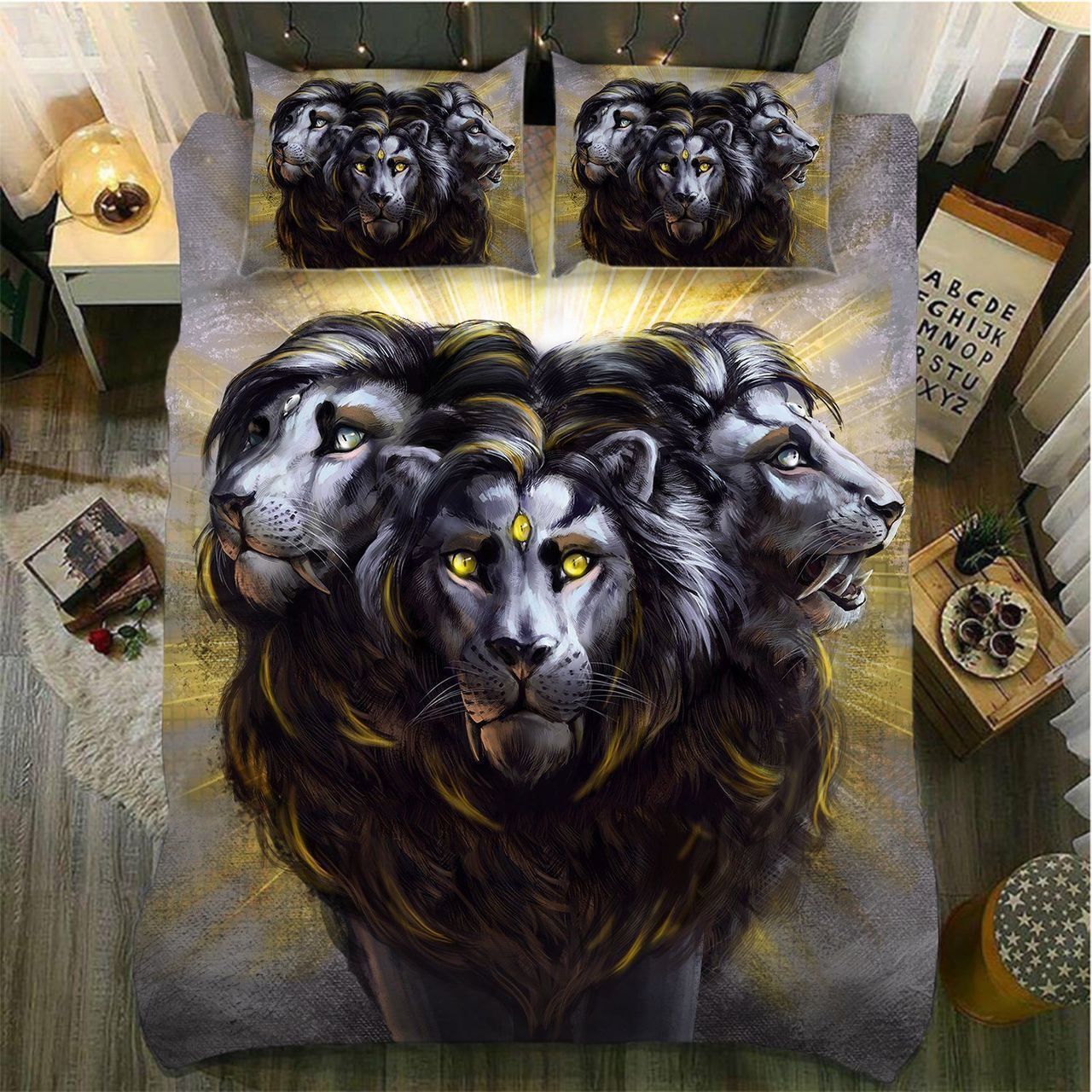 Three Head Black Lion Power Supremacy 3D Printed Bedding Set