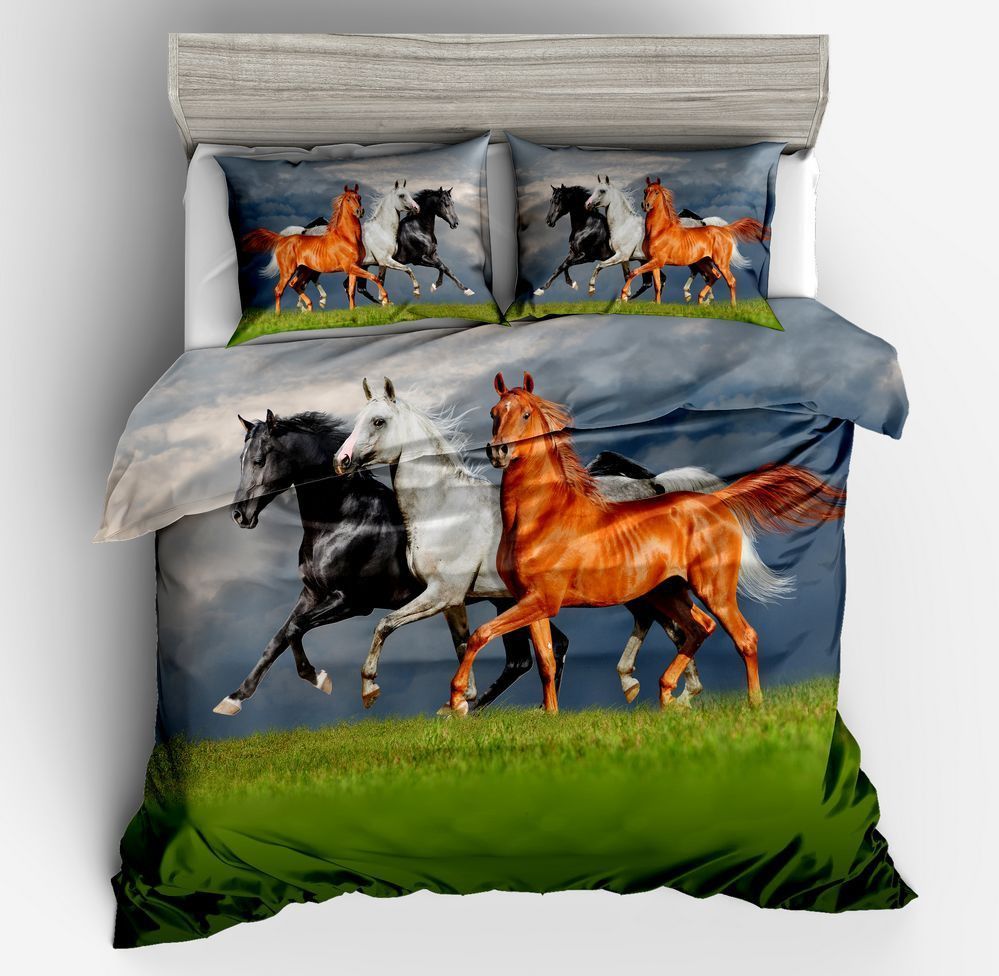 Three Horses Running On Field Bedding Set