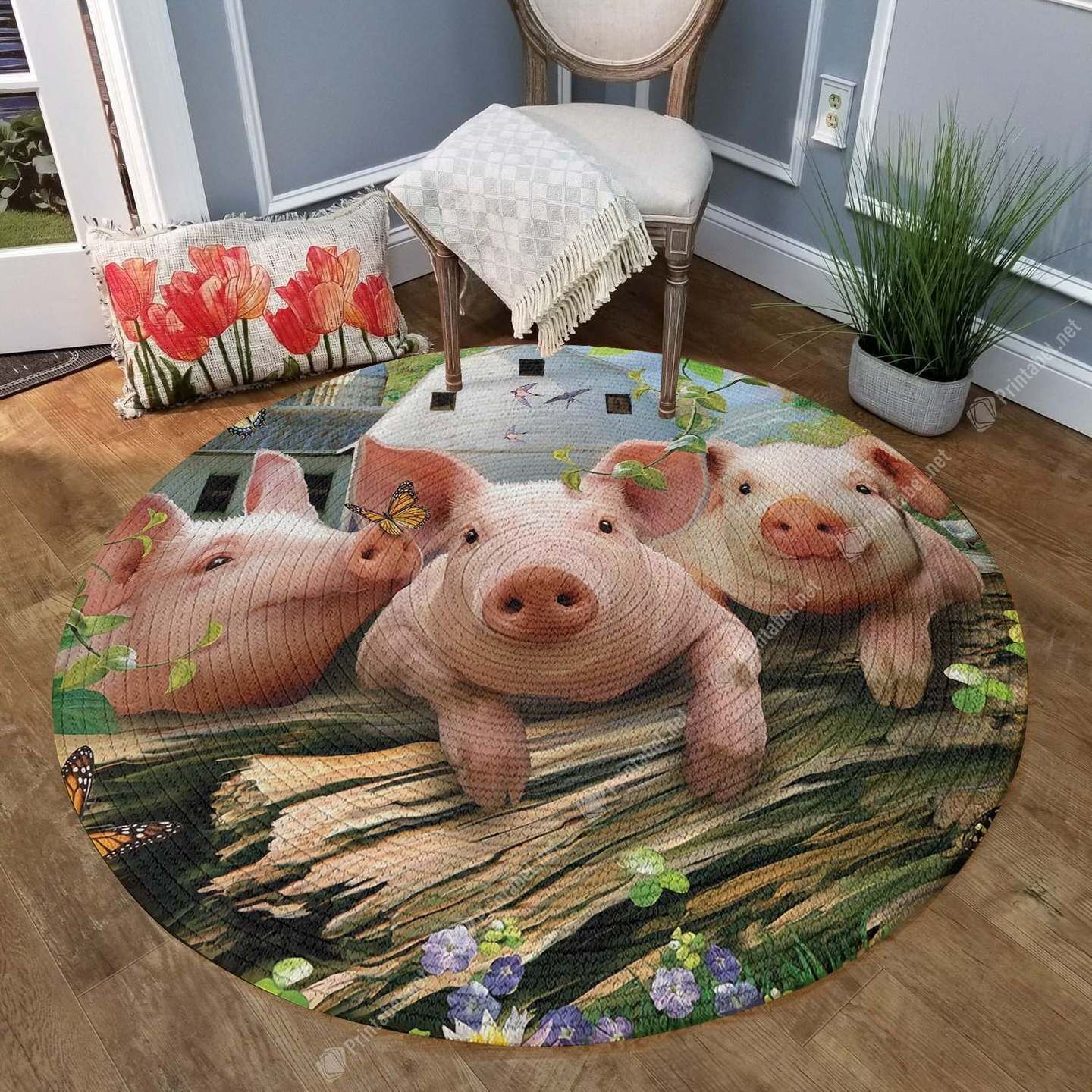 Three Little Pigs And Butterfly Round Carpet