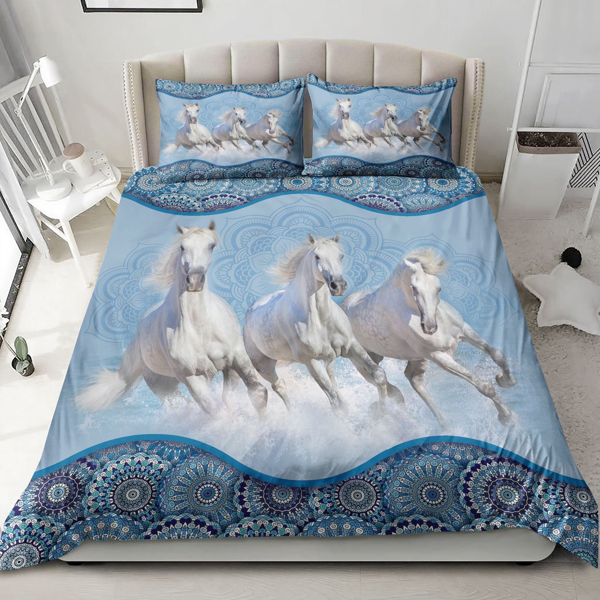 Three White Horses Running Bedding Set