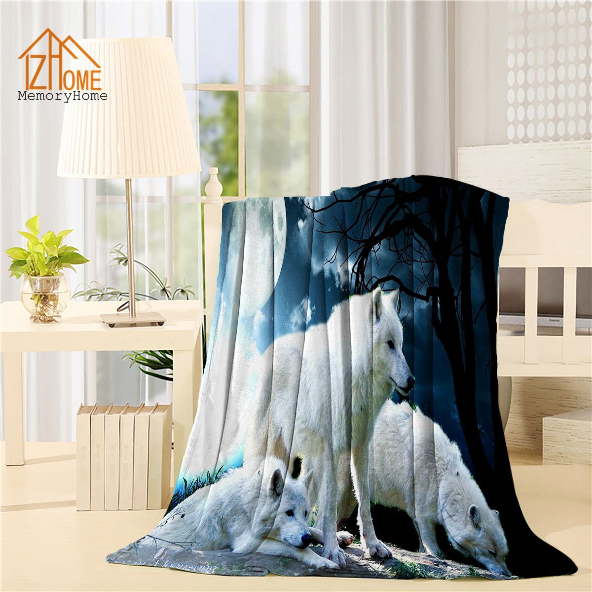 Three White Wolf Sherpa Fleece Blanket