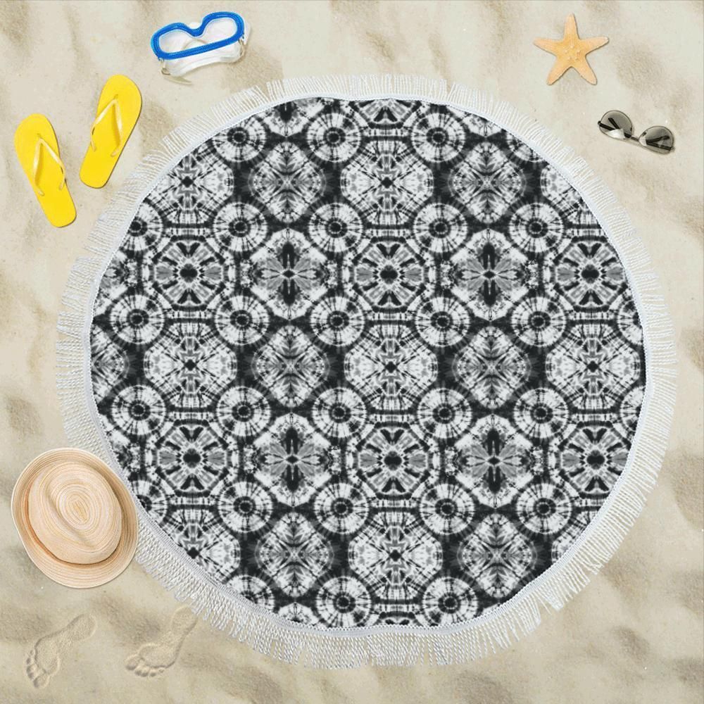 Tie Dye Black White Pattern Printed Round Beach Towel