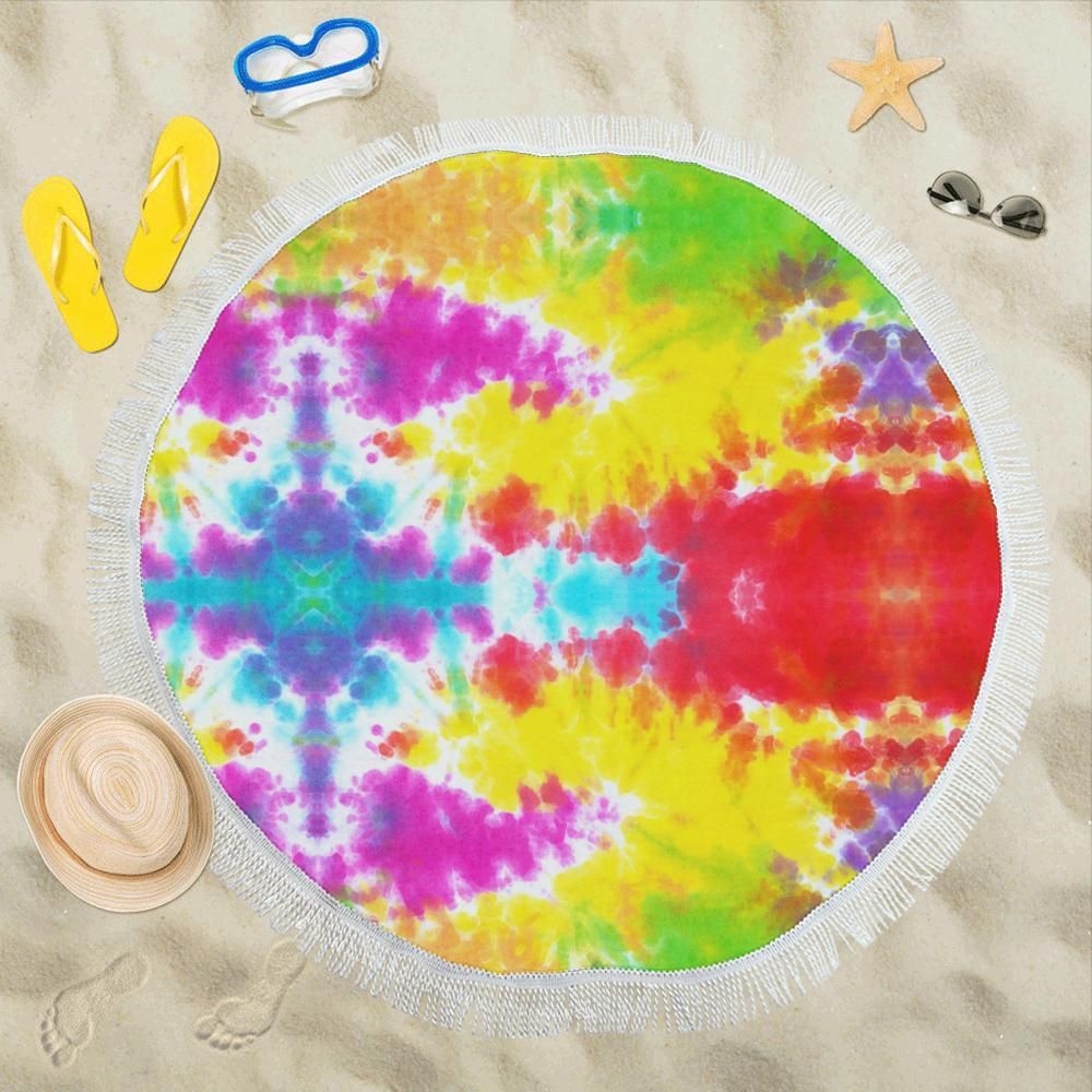 Tie Dye Rainbow Themed Pattern Printed Round Beach Towel