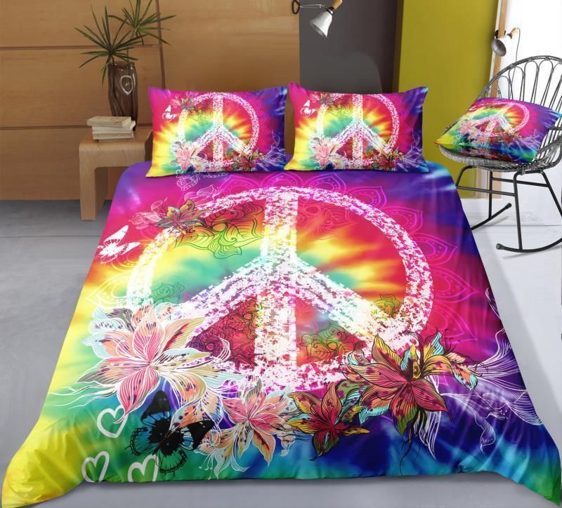 Tie dyed Flowers Peace And Love Symbol Bedding Set