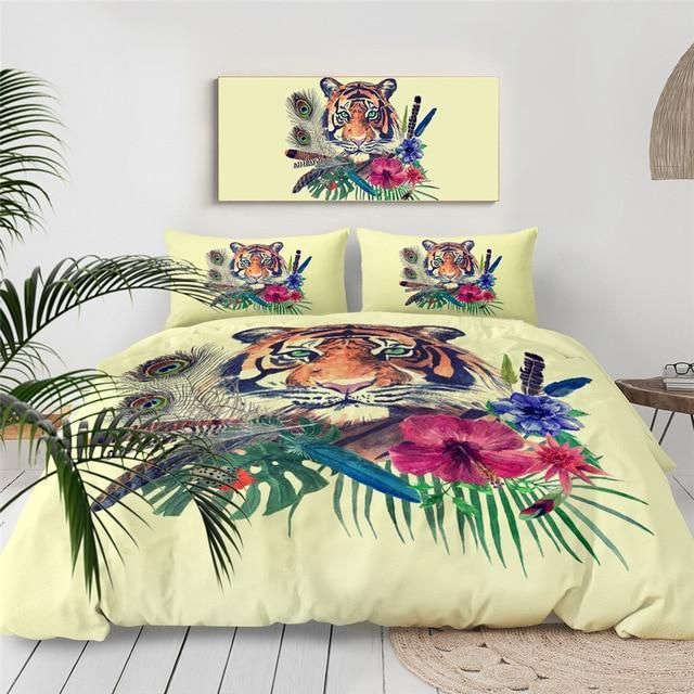 Tiger And Flowers Bedding Set