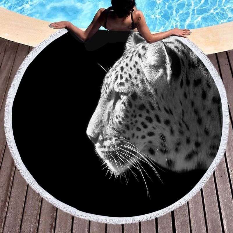 Tiger Black And White Photo Printed Round Beach Towel
