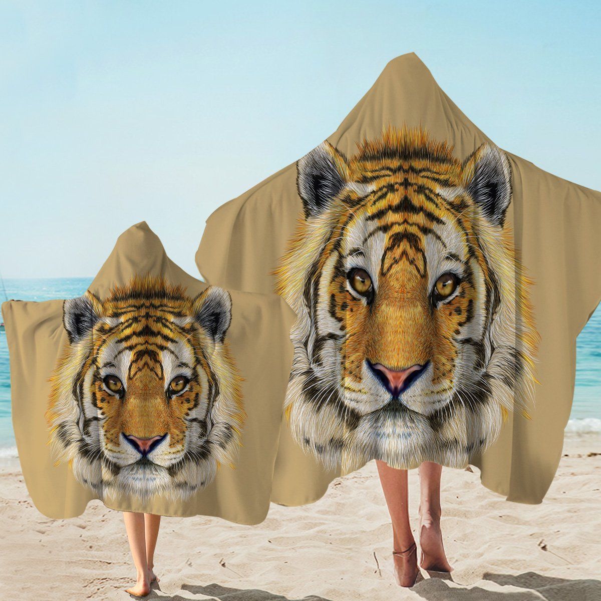 Tiger Mugshot Tan Background Printed Hooded Towel