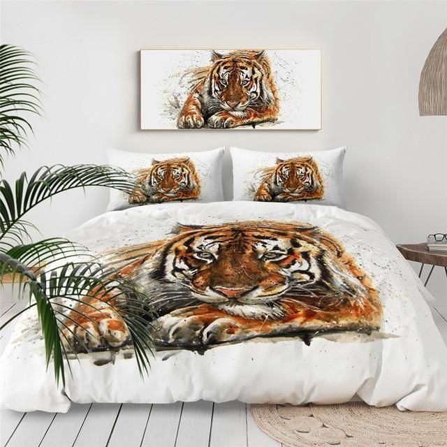 Tiger Painting On White Bedding Set