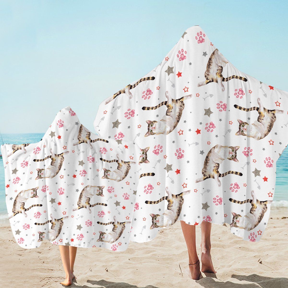 Tilted Cat Pattern Paw Printed Hooded Towel