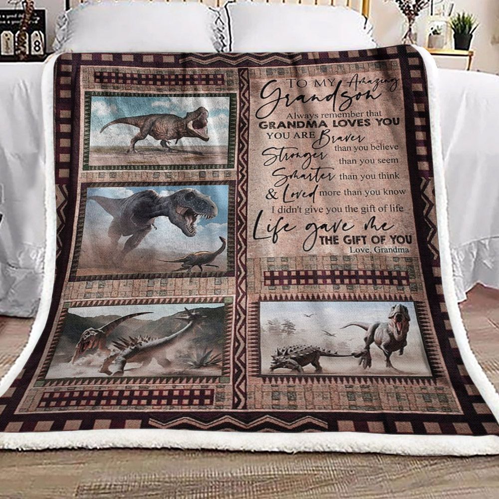 To My Amazing Grandson Dinosaur Sherpa Fleece Blanket