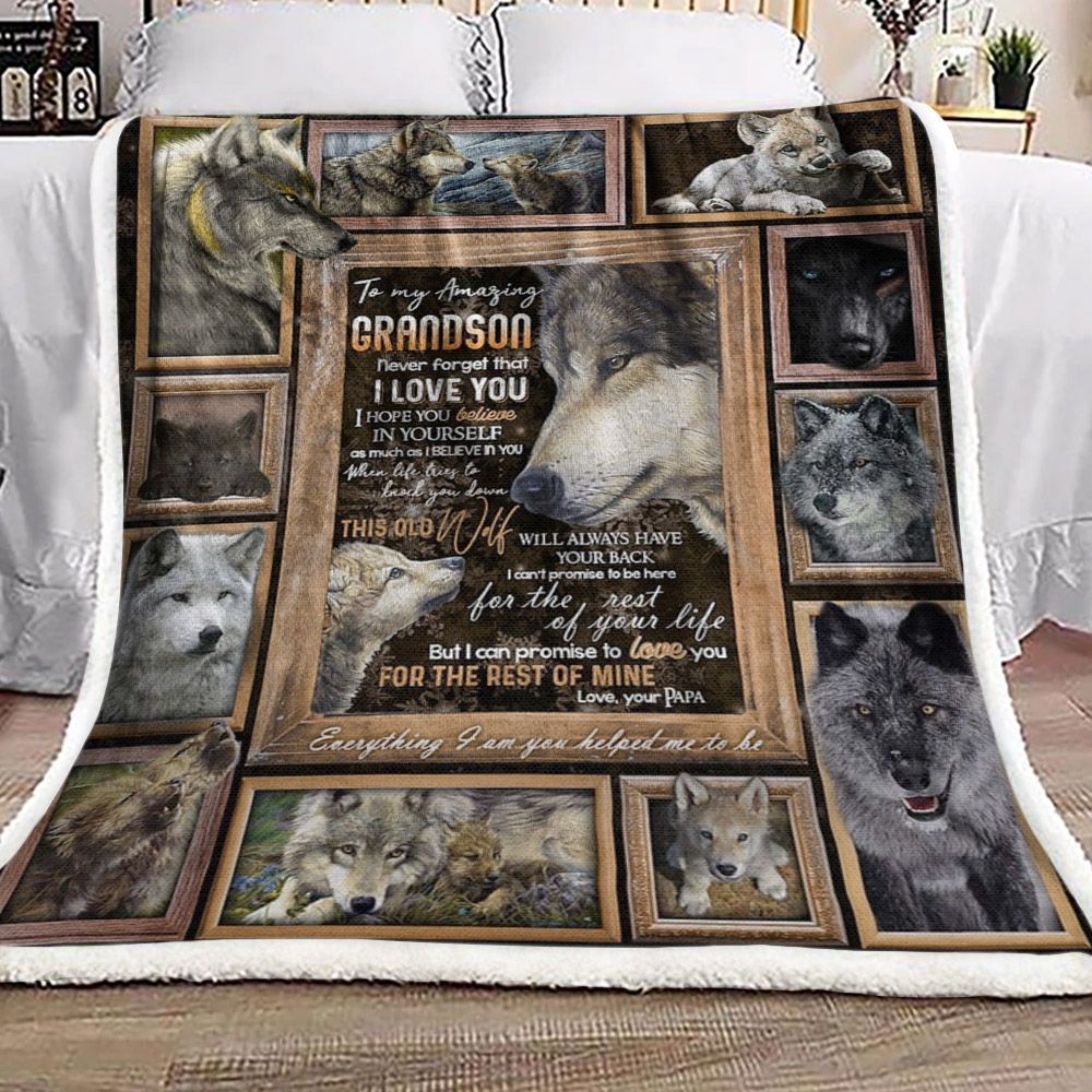 To My Amazing Grandson Wolf Sherpa Fleece Blanket