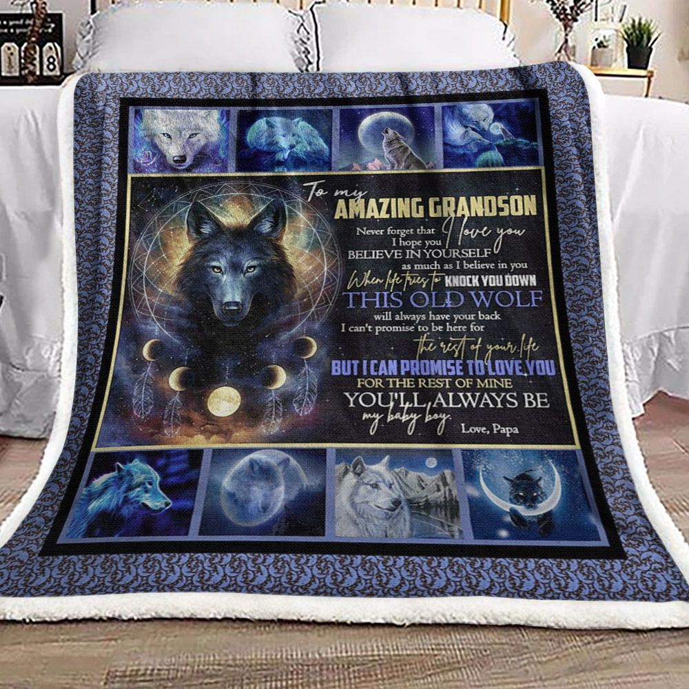 To My Amazing Grandson Wolf Sherpa Fleece Blanket