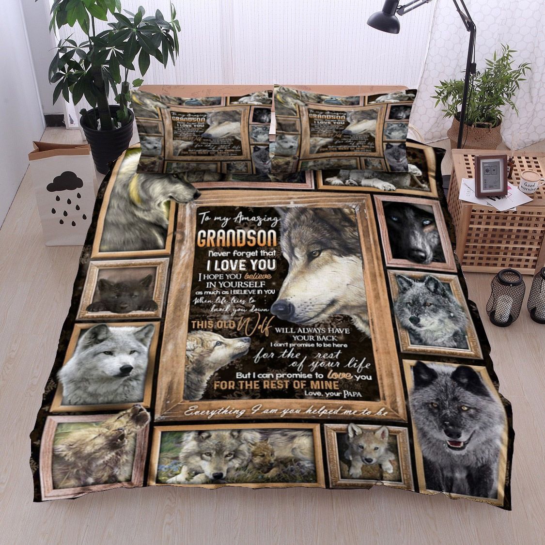 To My Amazing Grandson Wolf Bedding Set