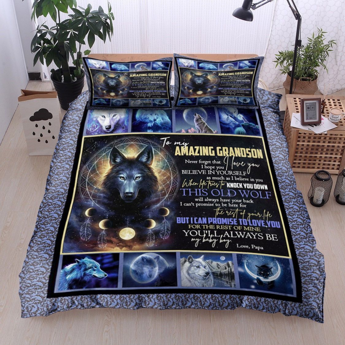 To My Amazing Grandson Wolf Bedding Set