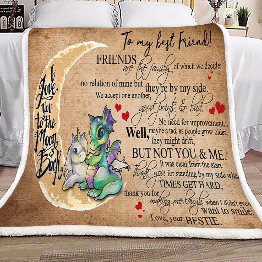 To My Best Friend I Love You To The Moon And Back Dragon And Unicorn Sherpa Fleece Blanket