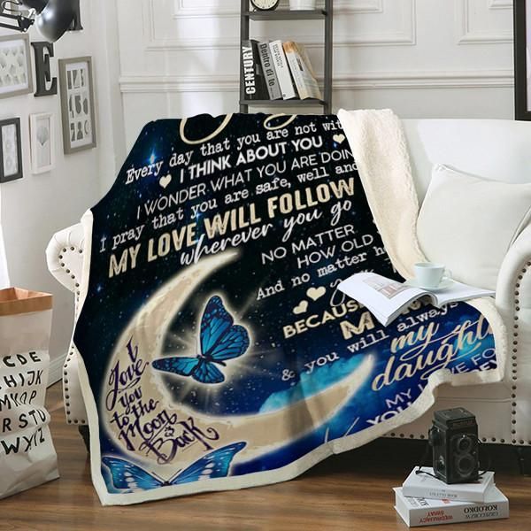 To My Daughter Blue Butterfly And Moon Sherpa Fleece Blanket