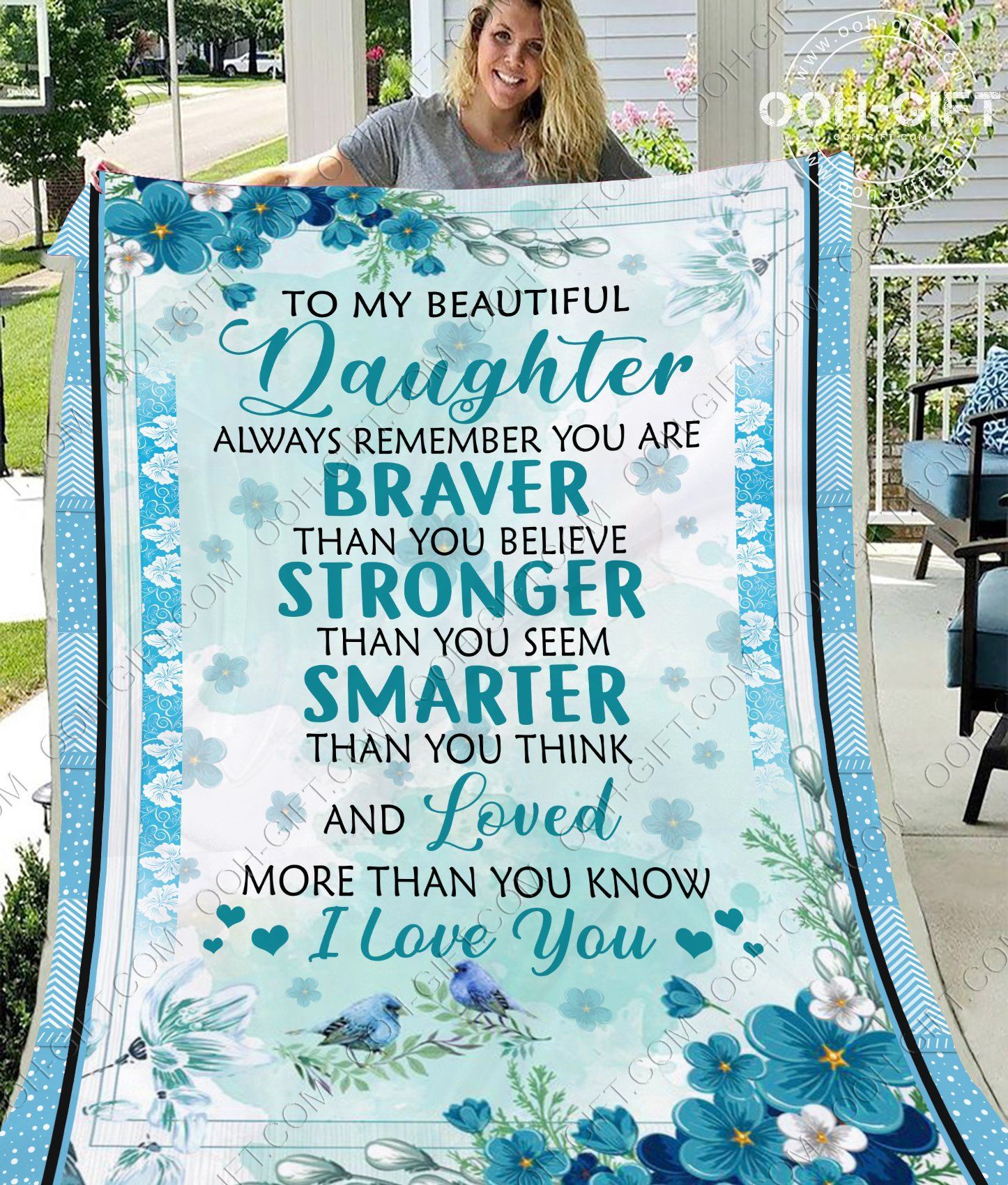 To My Daughter Blue Flower Sherpa Fleece Blanket