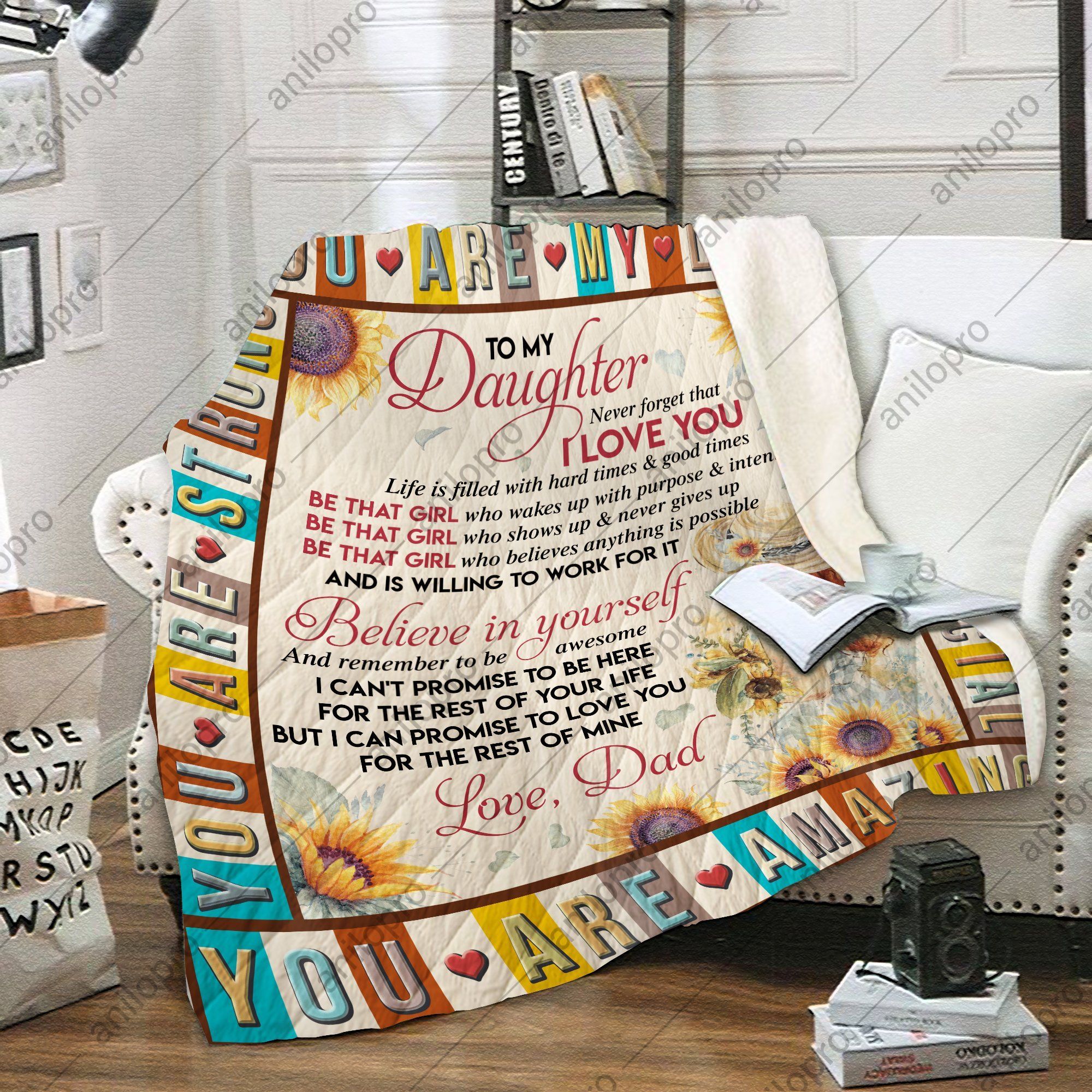 To My Daughter Dad Sunflower Sherpa Fleece Blanket