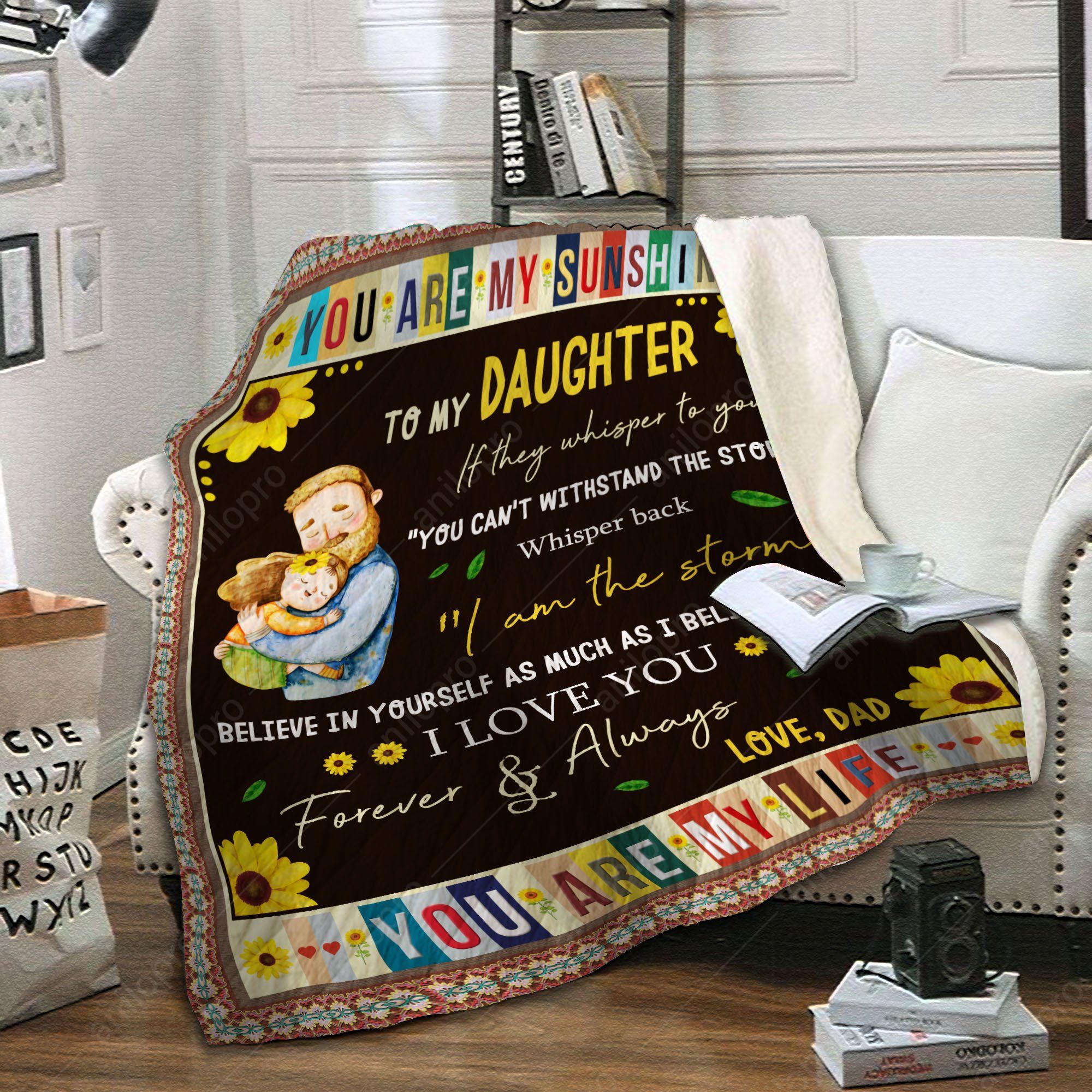 To My Daughter Dad Sunflower Sherpa Fleece Blanket
