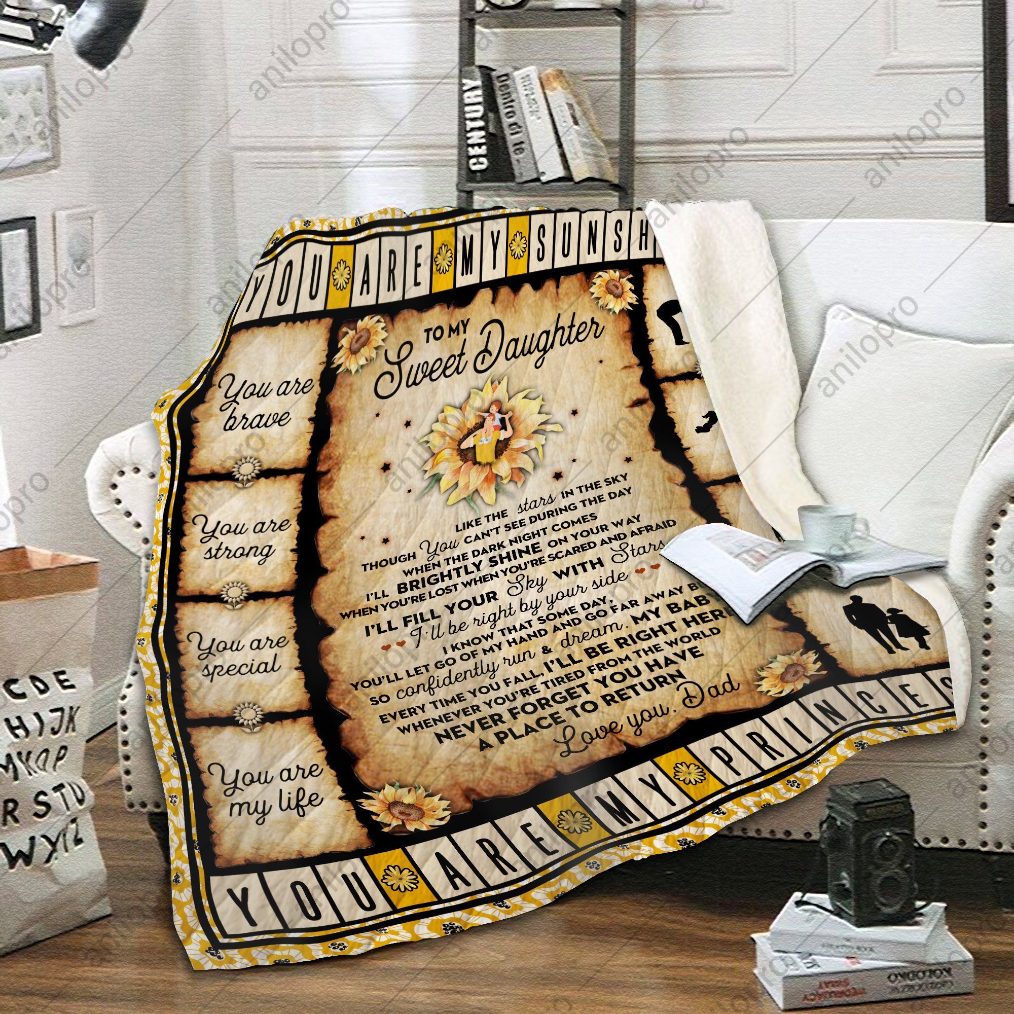 To My Daughter Dad Sunflower Sherpa Fleece Blanket
