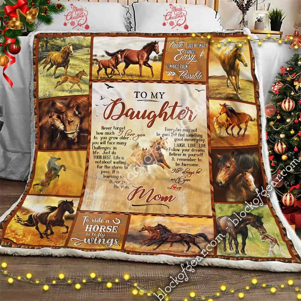To My Daughter Horse Love Mom Sherpa Fleece Blanket