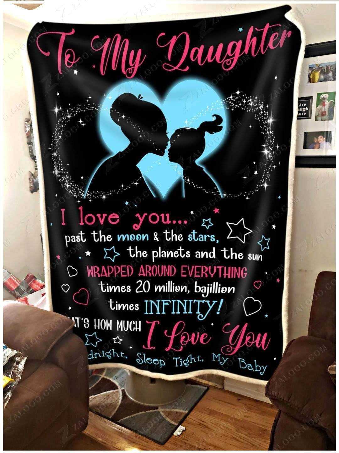 To My Daughter I Love You Past The Moon Sherpa Fleece Blanket