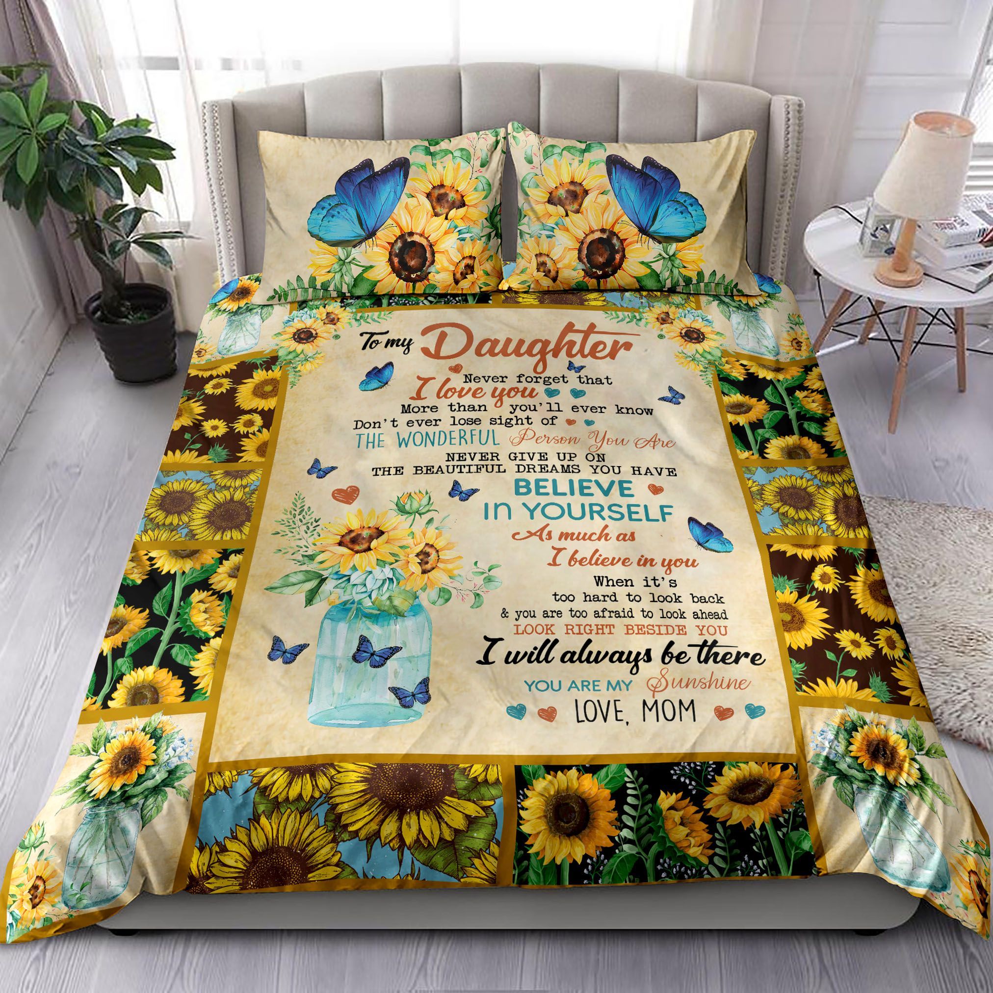 To My Daughter I Lover You Sunflower Butterfly Bedding Set