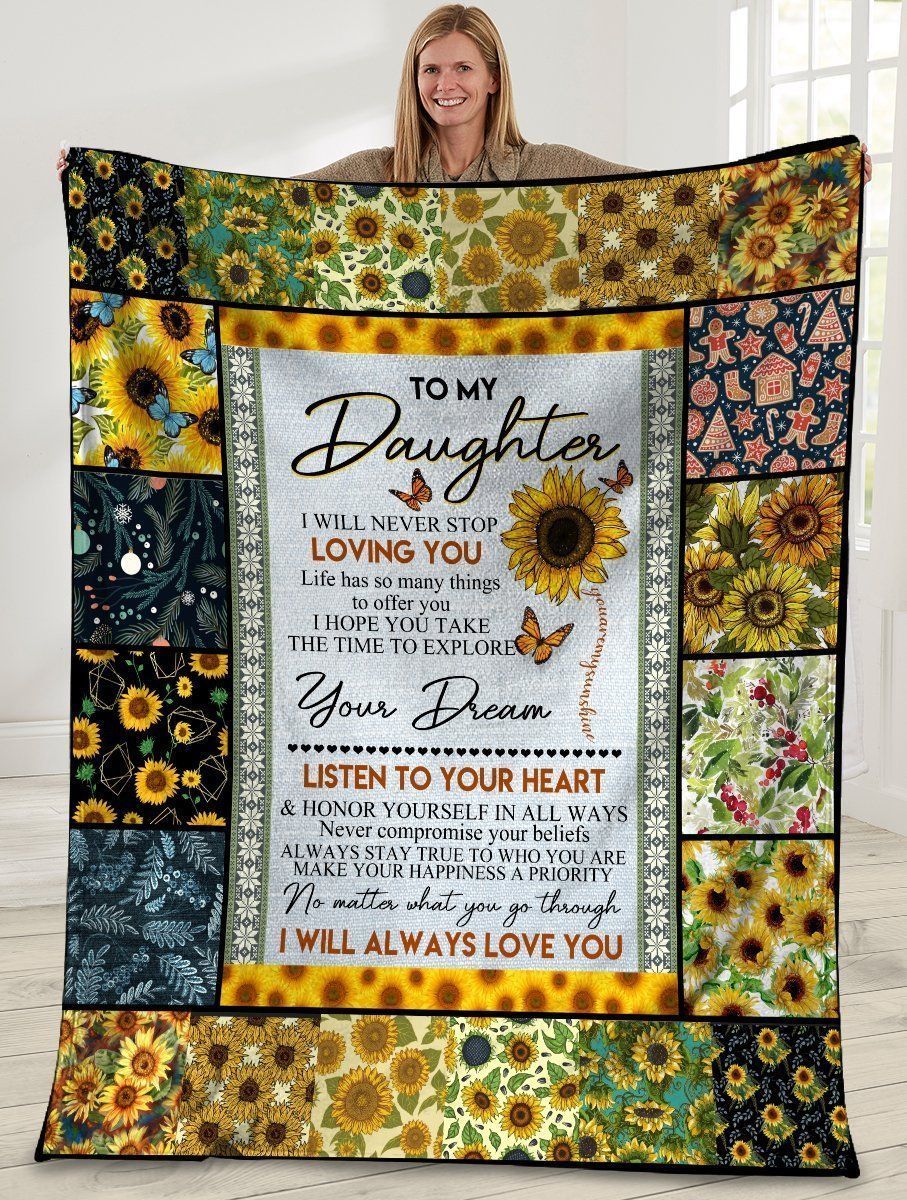 To My Daughter I Will Never Stop Mom And Daughter Sunflower Hippie Soft Fleece Blanket