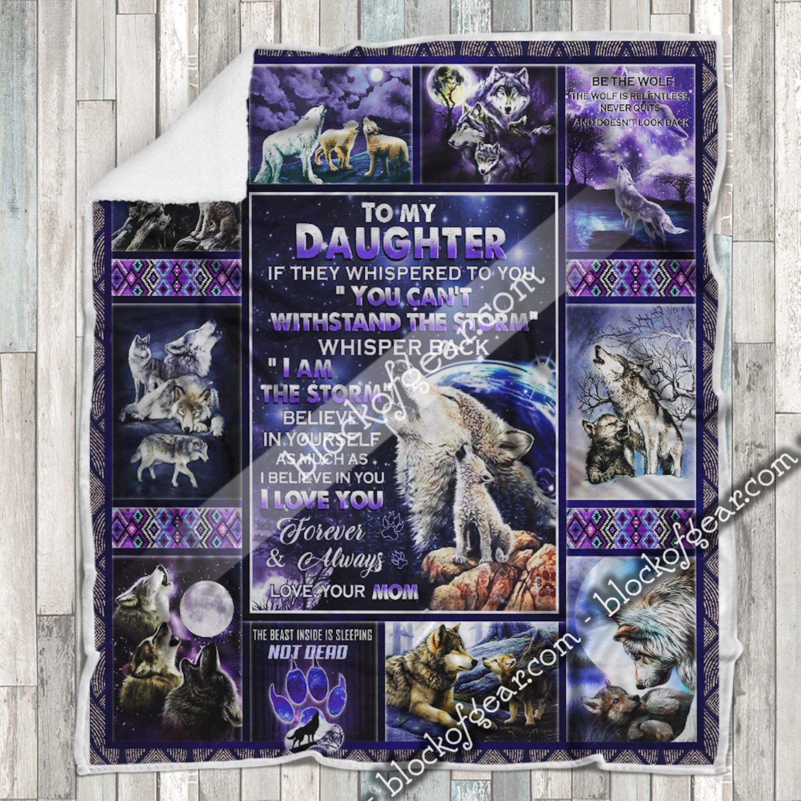 To My Daughter Love Mom Wolf Sherpa Fleece Blanket
