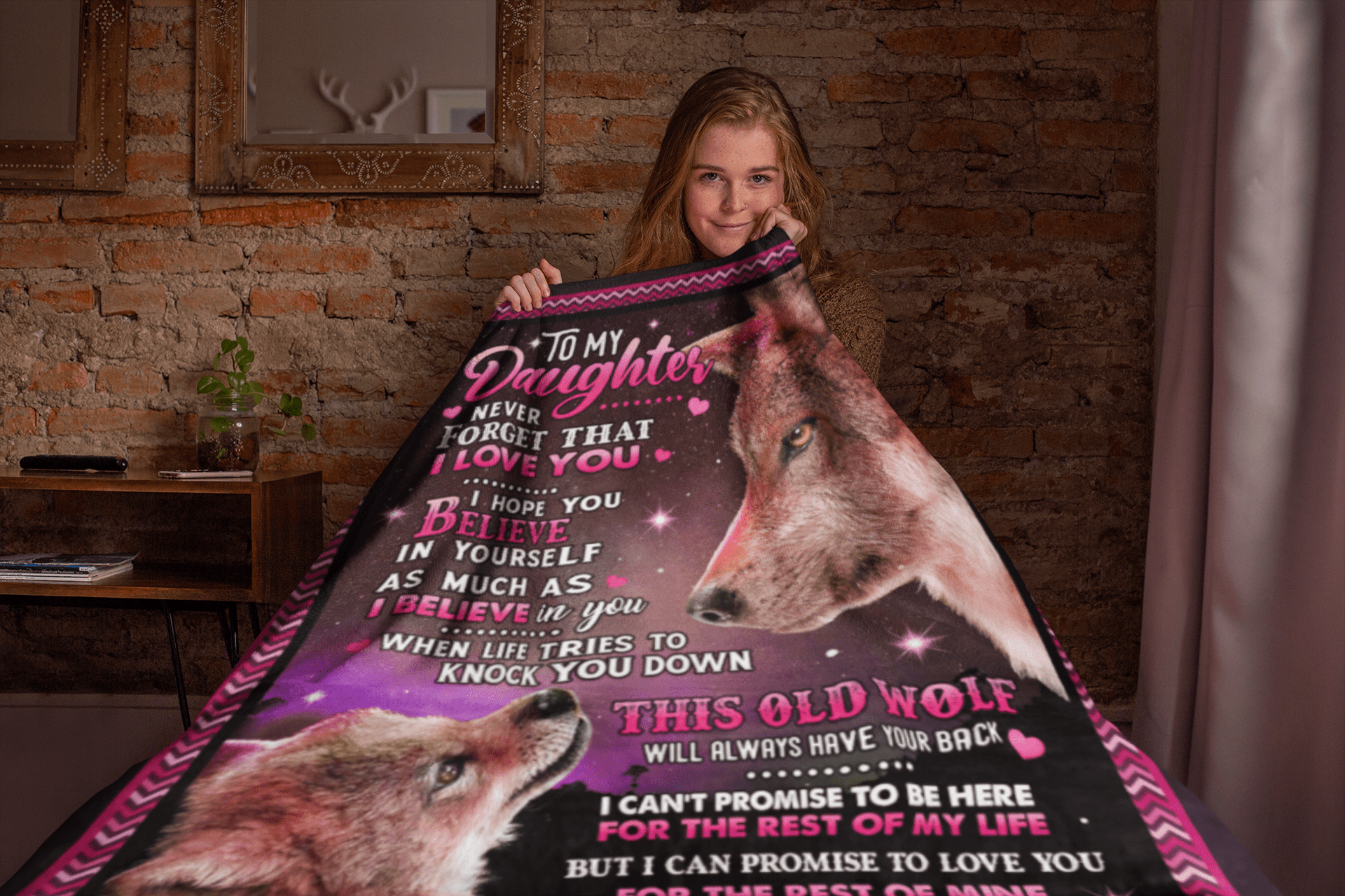 To My Daughter Never Forget That I Love You Hope You Believe In Yourself Wolf Sherpa Fleece Blanket