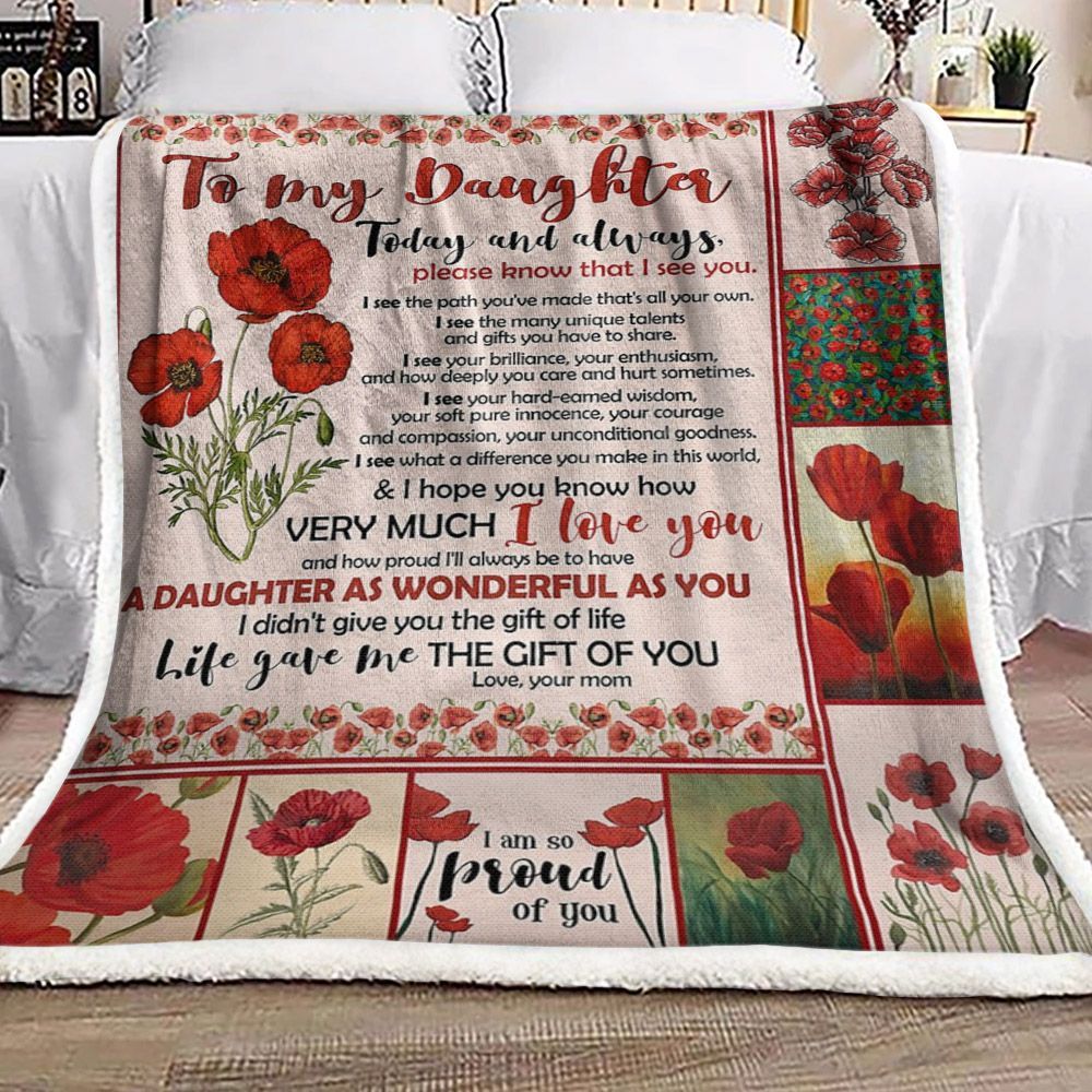 To My Daughter Red Flower Sherpa Fleece Blanket
