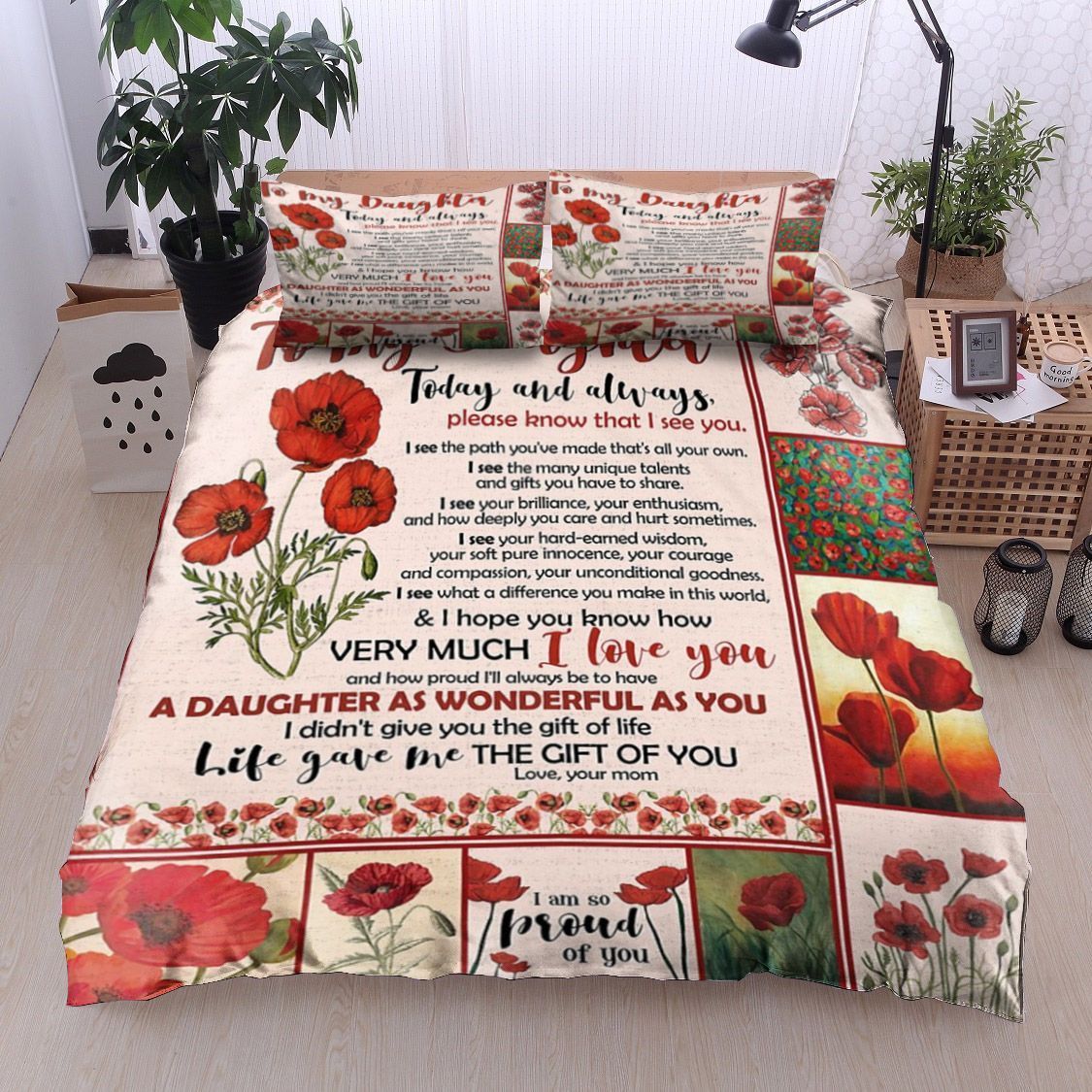 To My Daughter Red Flower Bedding Set