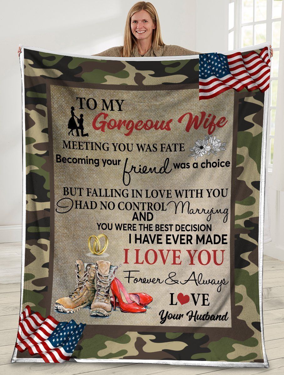 To My Gorgeous Wife Husband And Wife Army American Flag Fleece Blanket